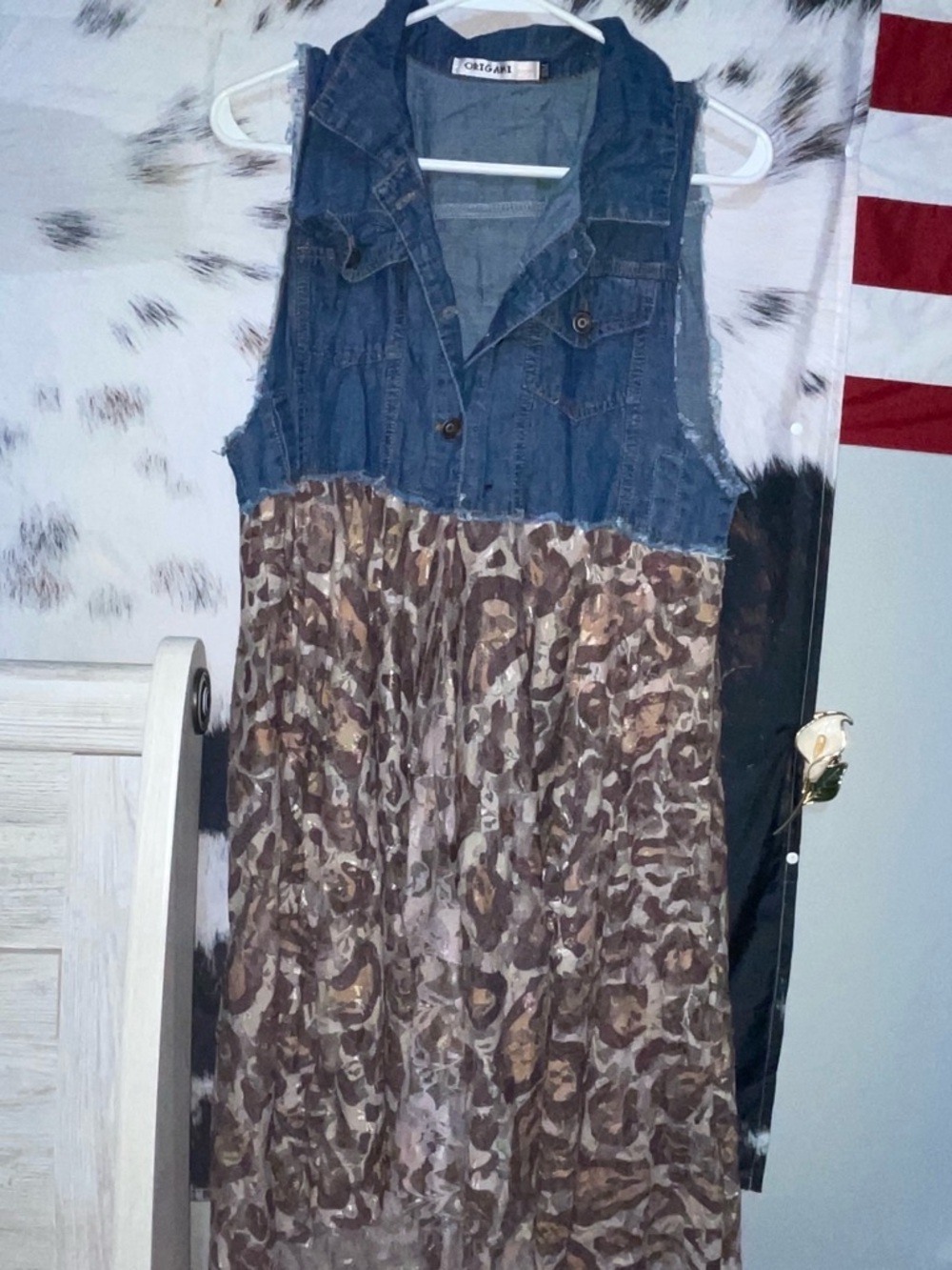 Sleeveless Denim & Leopard-Print Dress Jacket - Blue and Brown